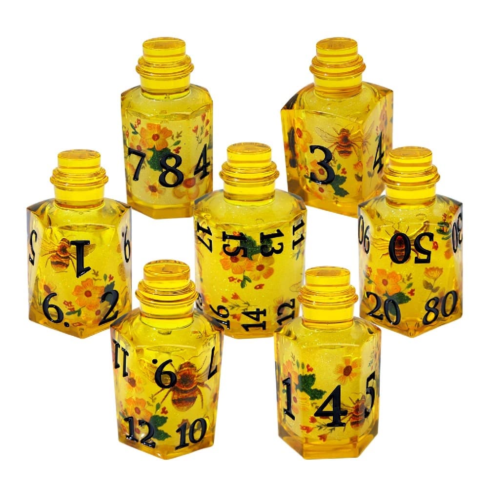 Yellow Bee Sunflower Print Potion Bottle Resin Sharp Edge Dice Set 7PCS For DND TTRPG