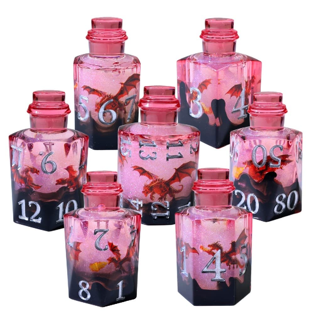 Red Dragon Print Potion Bottle Resin Sharp Edge Dice Set 7PCS For DND TTRPG