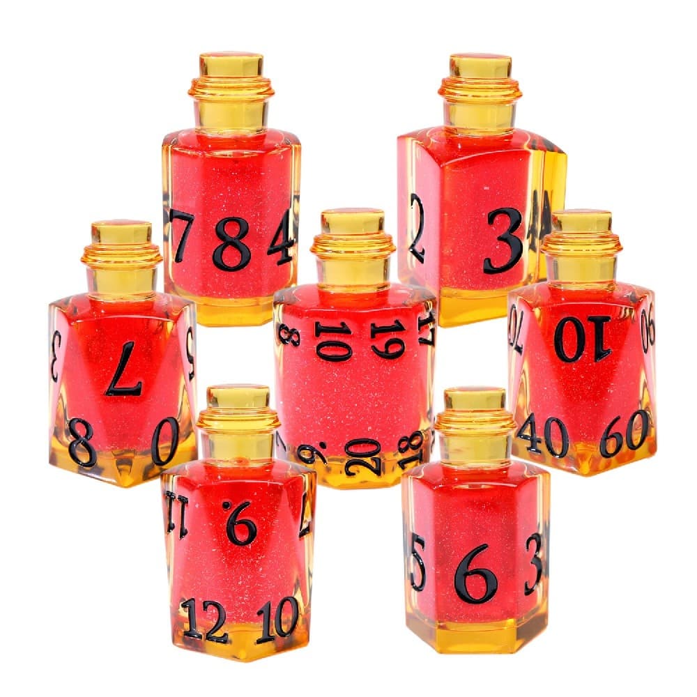 Potion Bottle Shaped Red Glitter Resin Sharp Edge Dice Set 7PCS For DND TTRPG