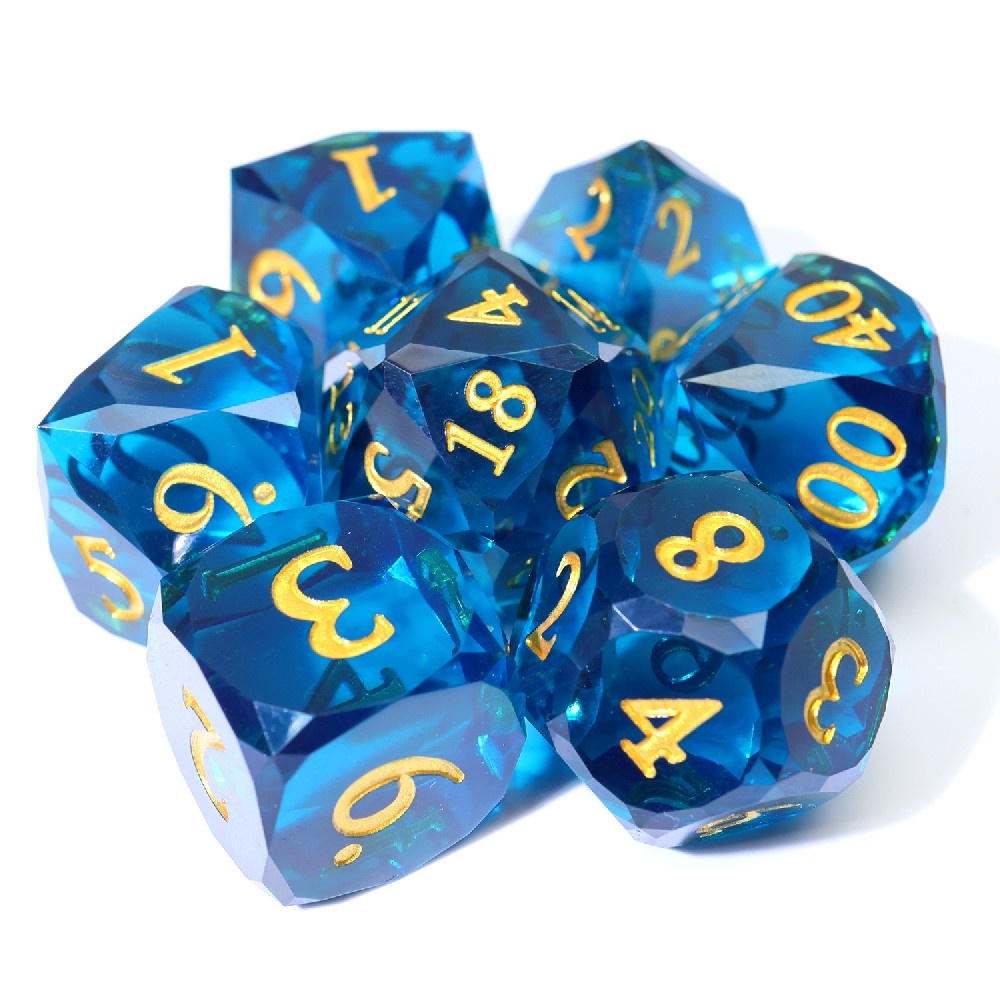 Solid Transparent Deep Sapphire Blue Diamond Cut Resin Sharp Edge Dice Set 7PCS For DND TTRPG
