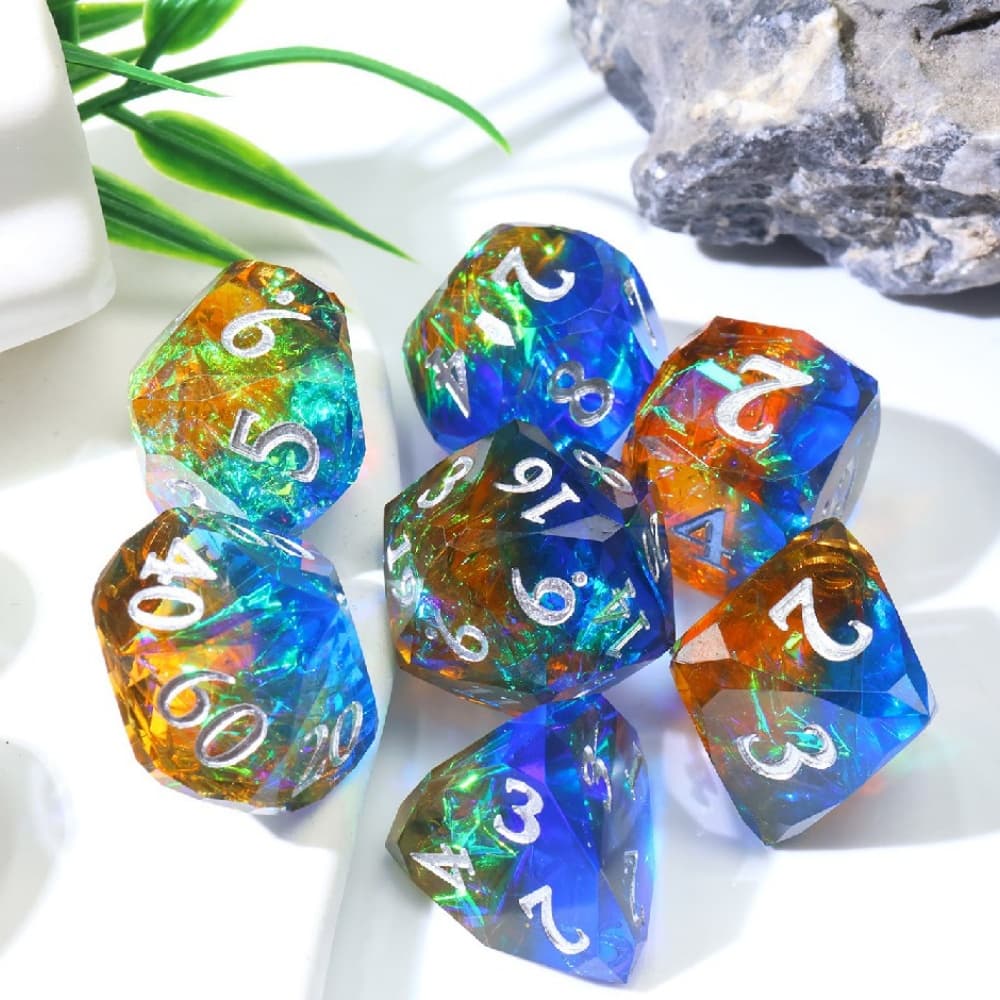Orange Sapphire Blue Gradient Diamond Cut Holographic Foil Resin Sharp Edge Dice Set 7PCS For DND TTRPG