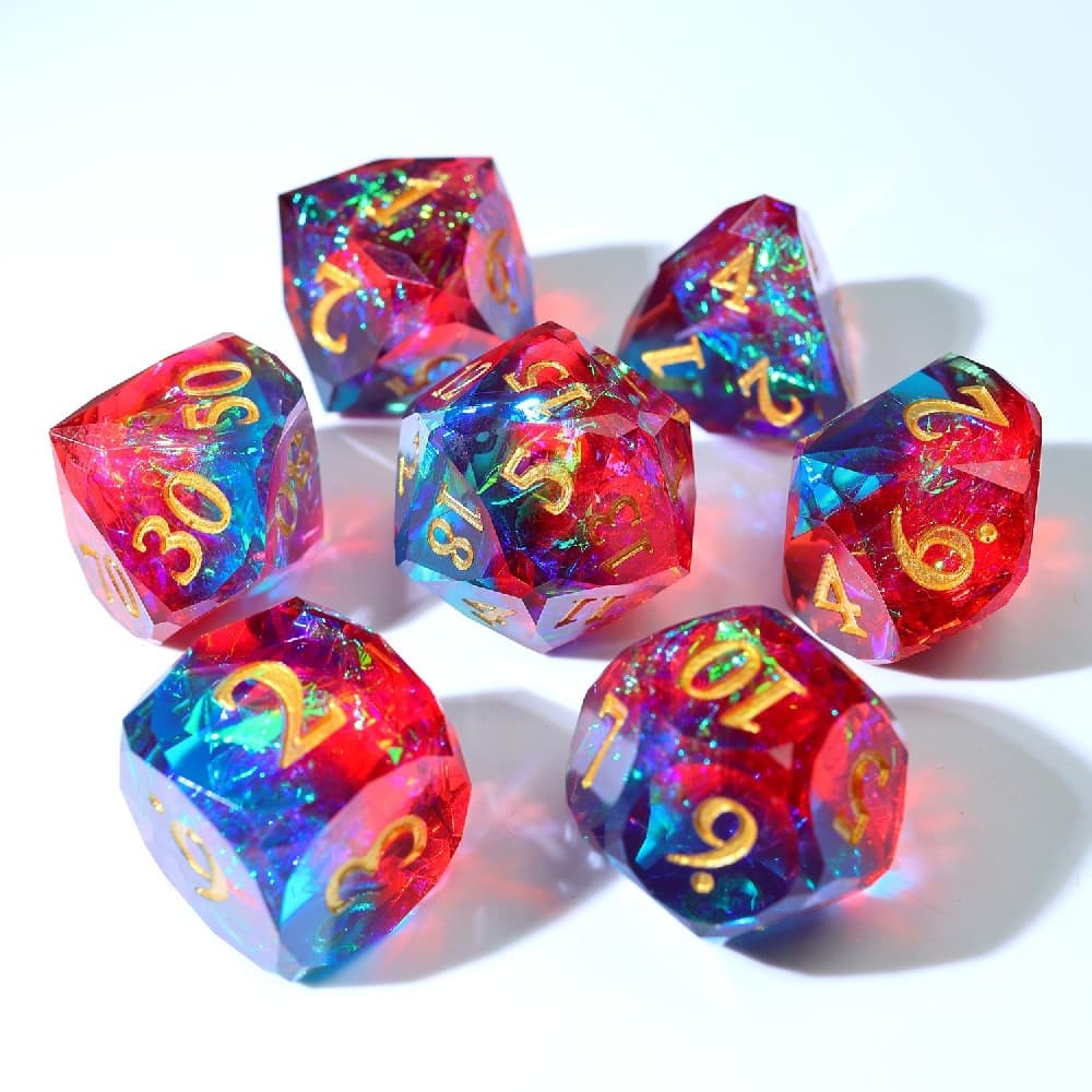 Red Blue Contrast Diamond Cut Holographic Foil Resin Sharp Edge Dice Set 7PCS For DND TTRPG