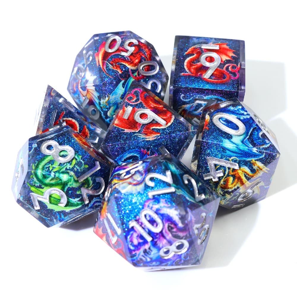 Blue Glitter Starry Multicolor Dragon Printed Resin Sharp Edge Dice Set 7PCS For DND TTRPG