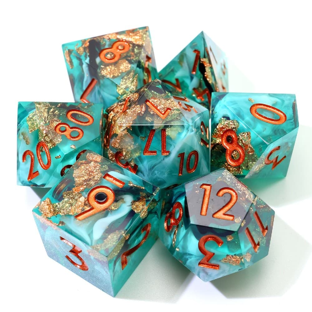 Teal Mist Gold Foil Resin Sharp Edge Dice Set 7PCS For DND TTRPG
