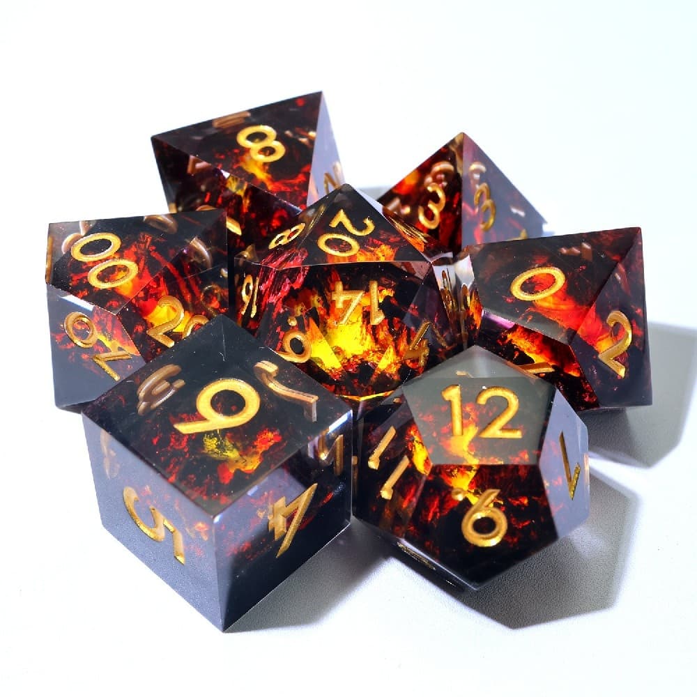 Red Volcano Eruption Resin Sharp Edge Dice Set 7PCS For DND TTRPG