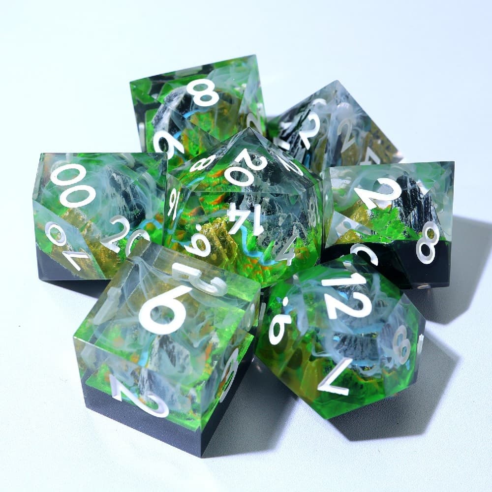 Green Landscape Art Resin Sharp Edge Dice Set 7PCS For DND TTRPG