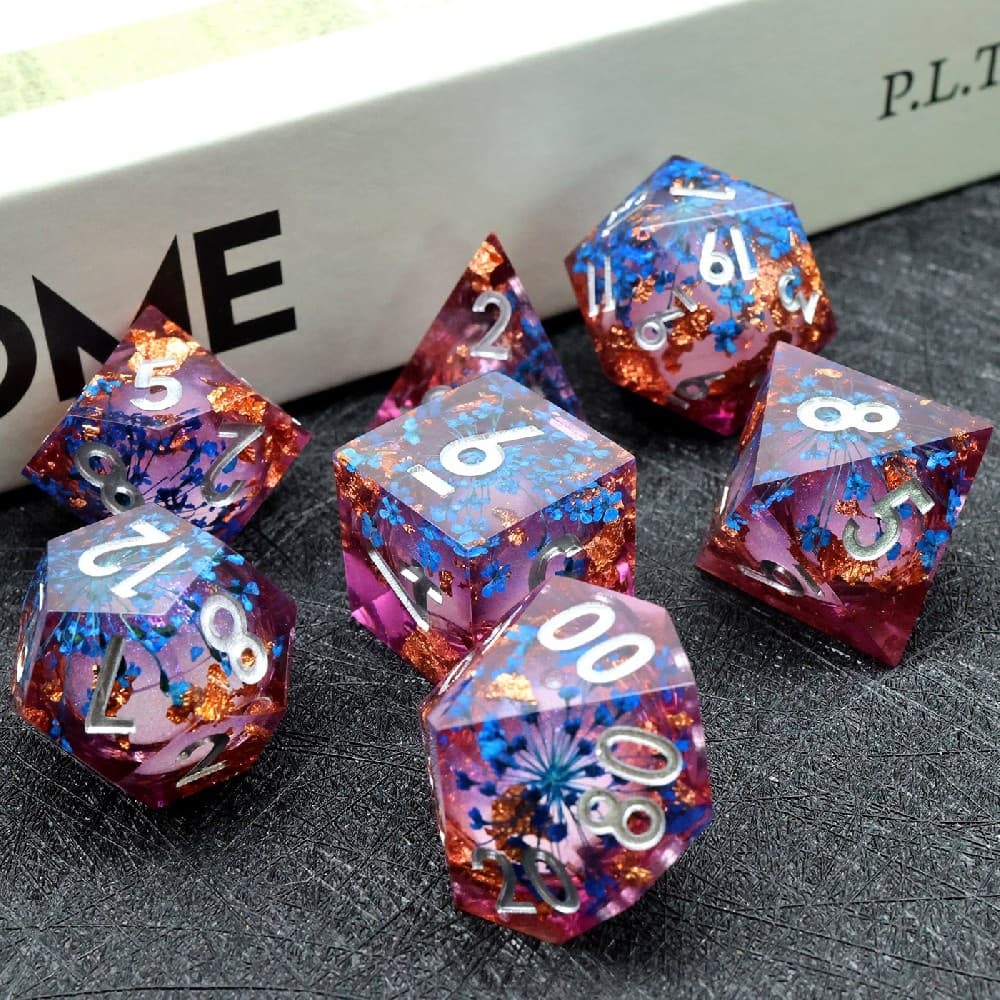 Magenta Liquid Core Blue Dried Flower Gold Foil Resin Sharp Edge Dice Set 7PCS For DND TTRPG