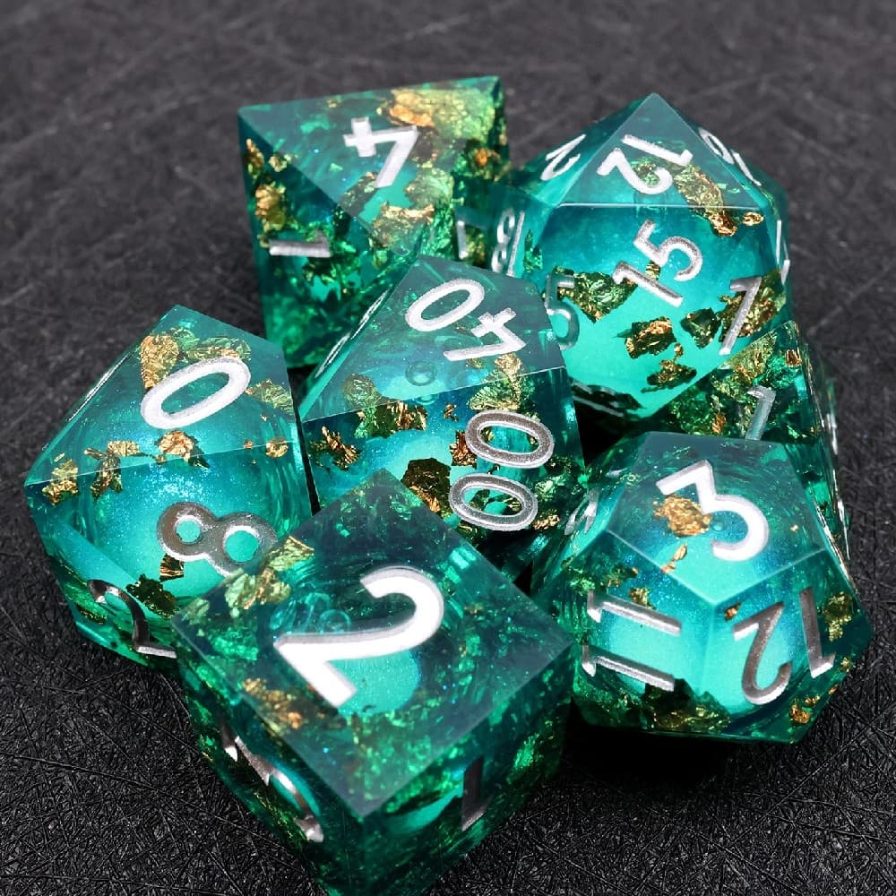Teal Liquid Core Gold Foil Resin Sharp Edge Dice Set 7PCS For DND TTRPG
