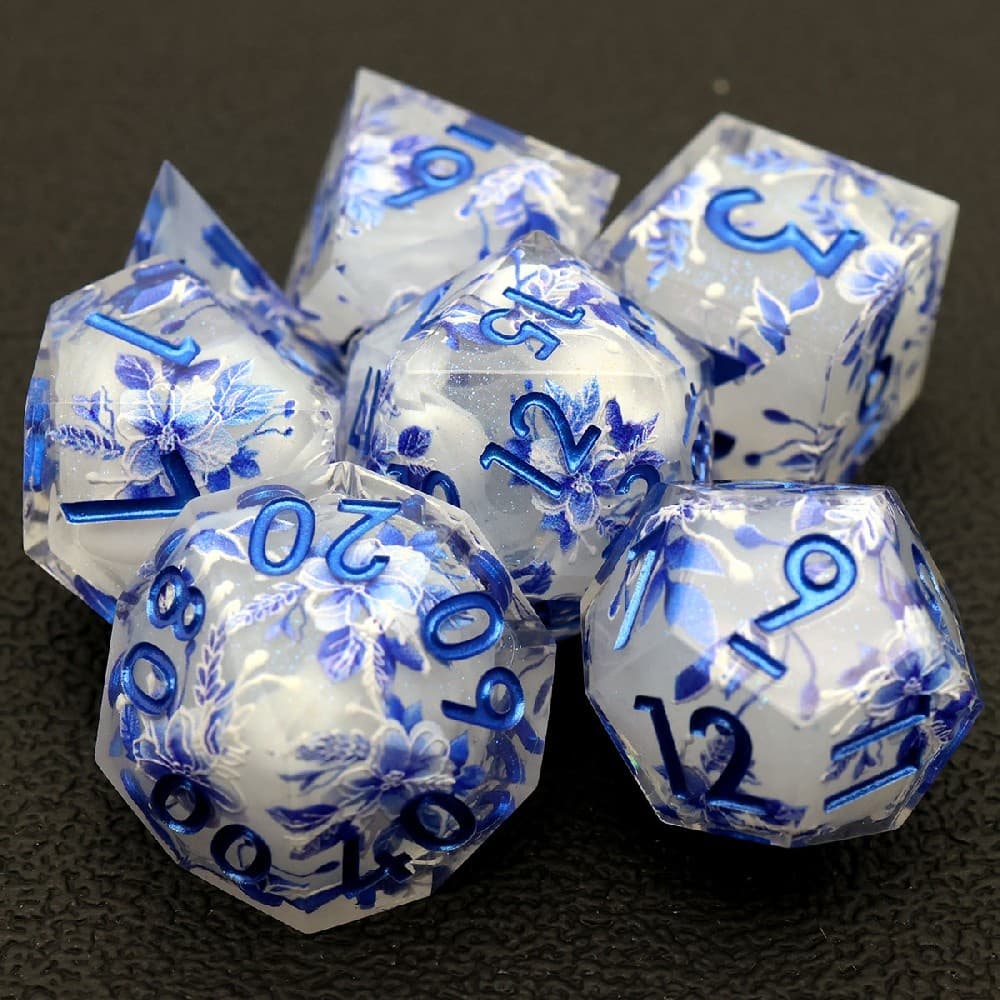 Blue And White Porcelain Floral Resin Sharp Edge Dice Set 7PCS For DND TTRPG