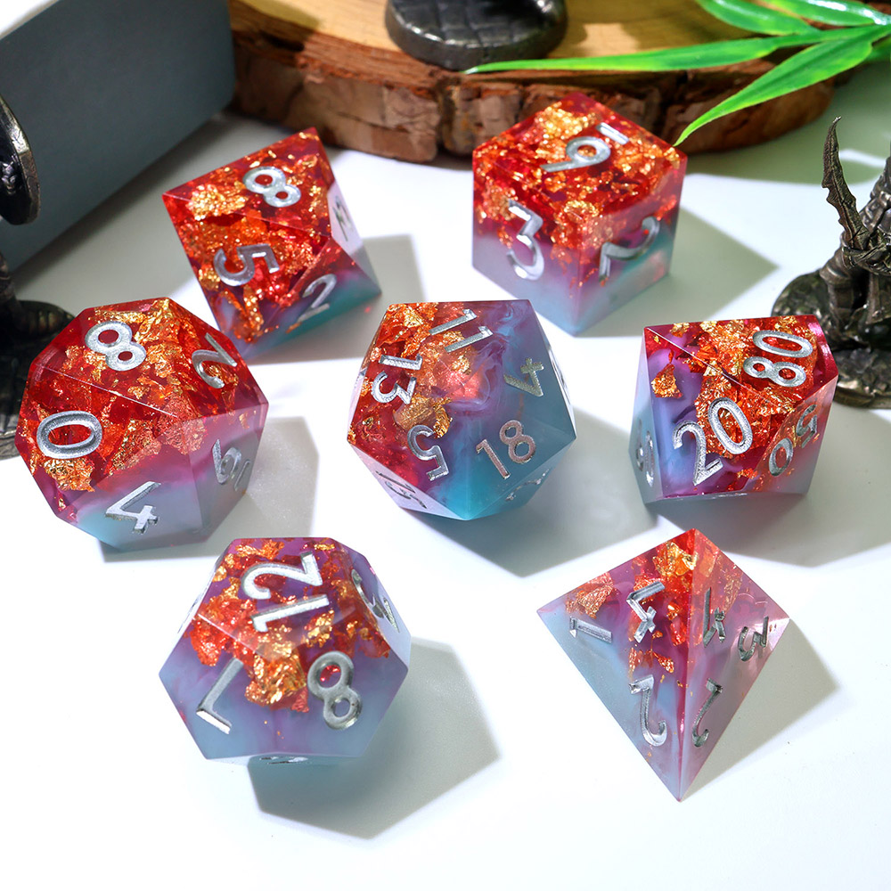 7PCS Handmade Sharp Edge Resin Dice Set Purple Blue Gradient Gold Foil Polyhedral Dice with Engraved Numbers for DnD Dungeons & Dragons RPG TTRPG Pathfinder Tabletop Games