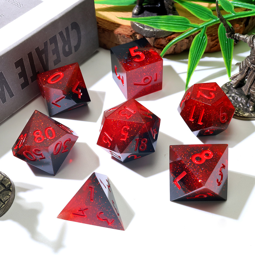 7PCS Molten Lava Red Black Glitter Sharp Edge Resin Dice Set Gradient Shimmer Polyhedral Dice for DnD Dungeons & Dragons RPG TTRPG Tabletop Games