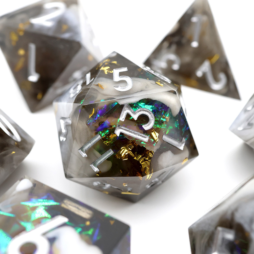 Black Smoke Gold Foil Sharp Edge Resin Dice Set 7PCS Polyhedral Dice with Iridescent Flakes for D&D TTRPG Tabletop Games