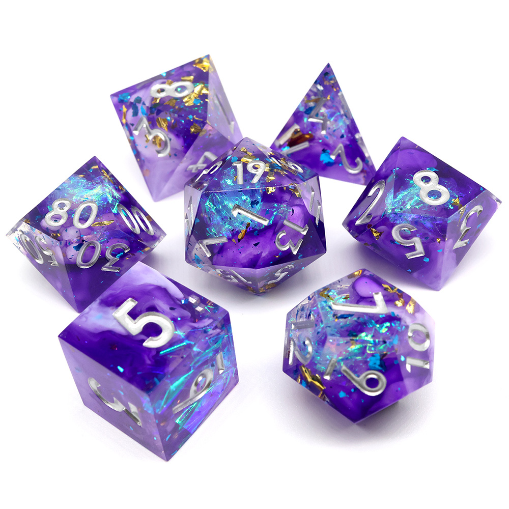 Purple Smoke Gold Foil Sharp Edge Resin Dice Set, 7PCS Polyhedral Dice with Iridescent Flakes & Silver Numbers for D&D TTRPG Tabletop Games