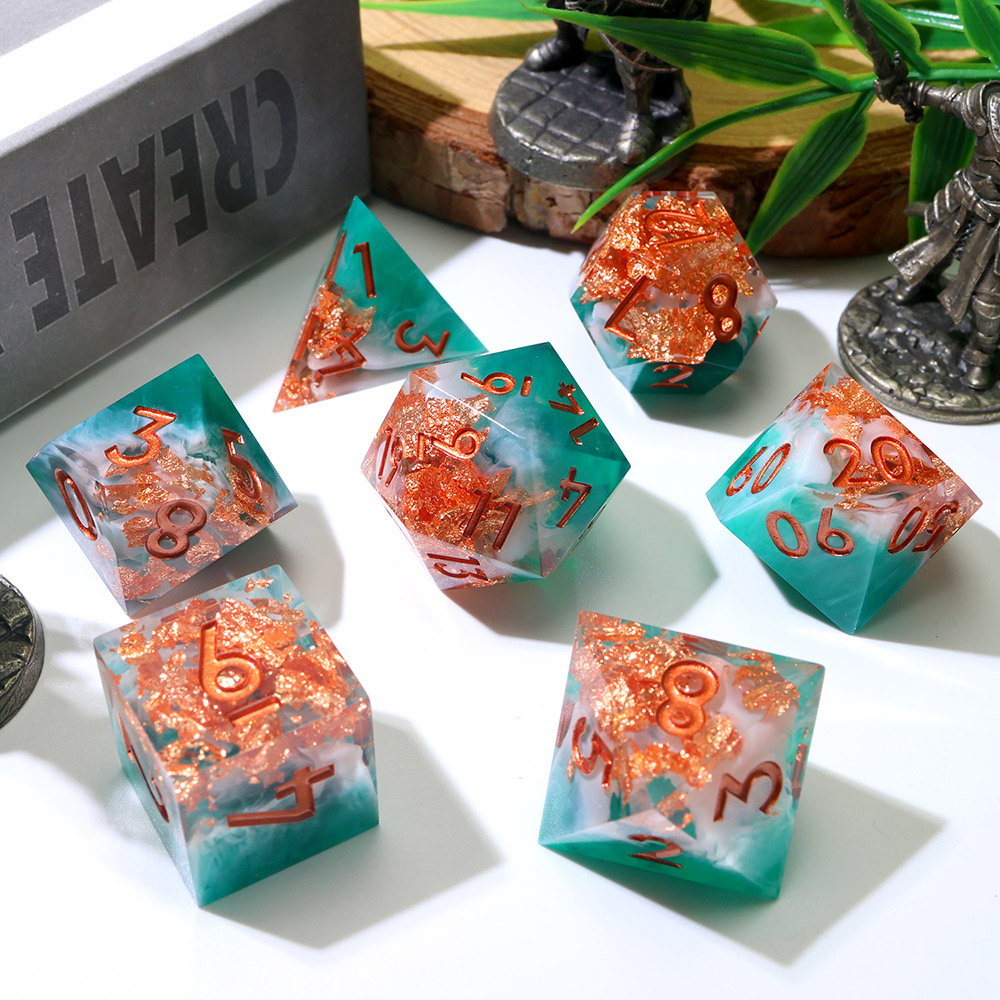 Teal White Smoke Copper Gold Foil Sharp Edge Resin Dice Set, 7PCS Polyhedral Dice for D&D TTRPG Tabletop Games
