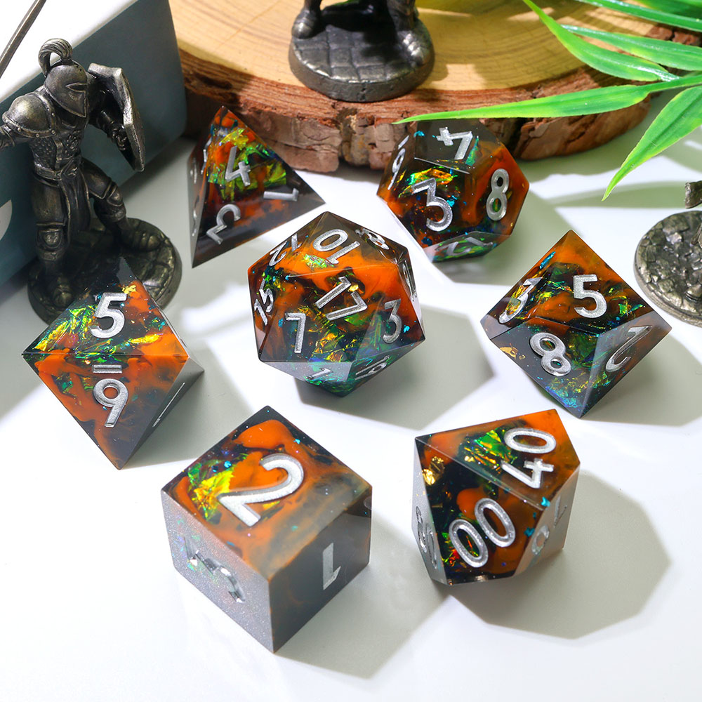 Terracotta Black Gradient Sharp Edge Resin Dice Set, 7PCS Polyhedral Dice with Iridescent Glitter Flakes & Silver Numbers for D&D TTRPG Tabletop Games