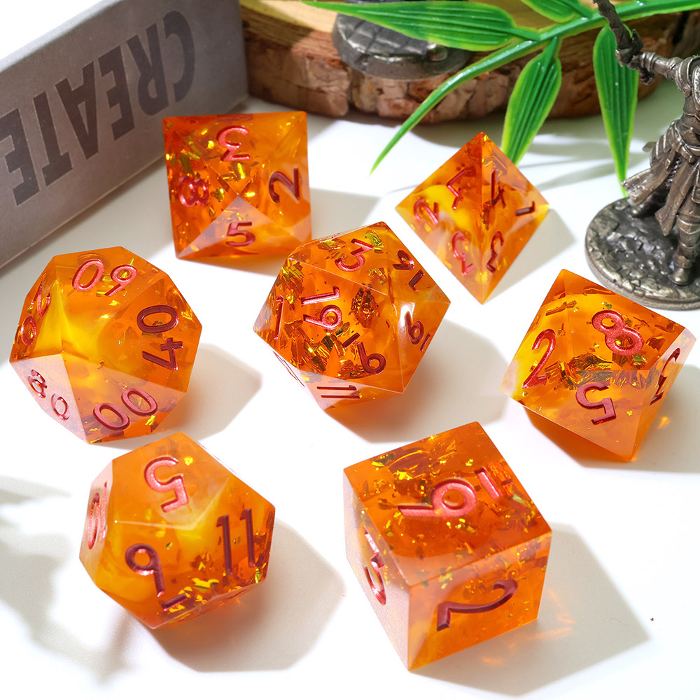 Amber Orange Clear Resin Sharp Edge Dice Set, 7PCS Polyhedral Dice with Gold Foil Flakes & Copper Numbers for D&D TTRPG Tabletop Games