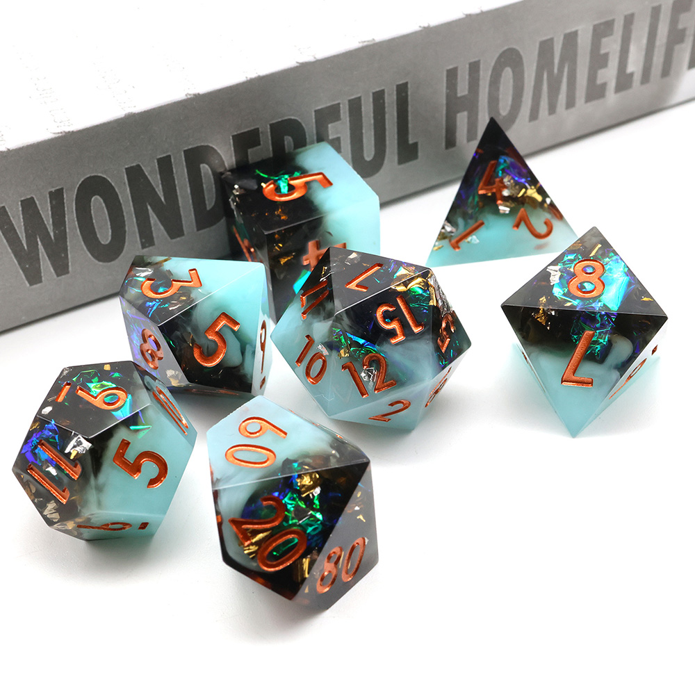 Cyan Black Smoke Iridescent Sharp Edge Resin Dice Set, 7PCS Polyhedral Dice with Copper Numbers for D&D TTRPG Tabletop Games