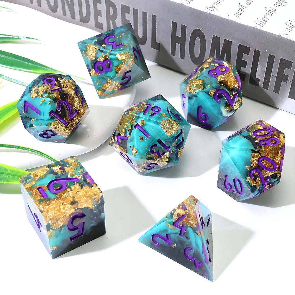 Teal Black Smoke Gold Foil Sharp Edge Resin Dice Set, 7PCS Polyhedral Dice with Purple Numbers for D&D TTRPG Tabletop Games