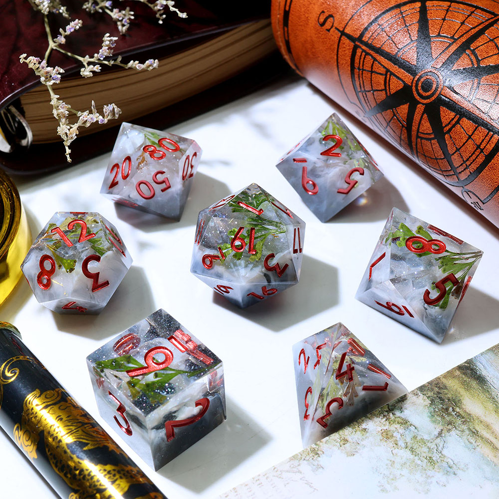 Transparent Milky White Smoke Dried Green Leaf Sharp Edge Resin Dice Set, 7PCS Polyhedral Dice with Red Ink Numbers for D&D TTRPG Tabletop Role Playing Games