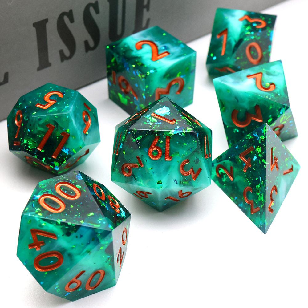 Teal Green Transparent Resin Sharp Edge Dice Set, 7PCS Polyhedral Dice with Turquoise Glitter Flakes & Copper Numbers for D&D TTRPG Tabletop Games