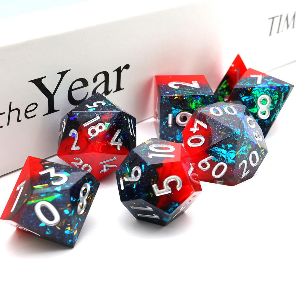 Red Black Nebula Iridescent Sharp Edge Resin Dice Set, 7PCS Polyhedral Dice with Silver Numbers for D&D TTRPG Tabletop Games