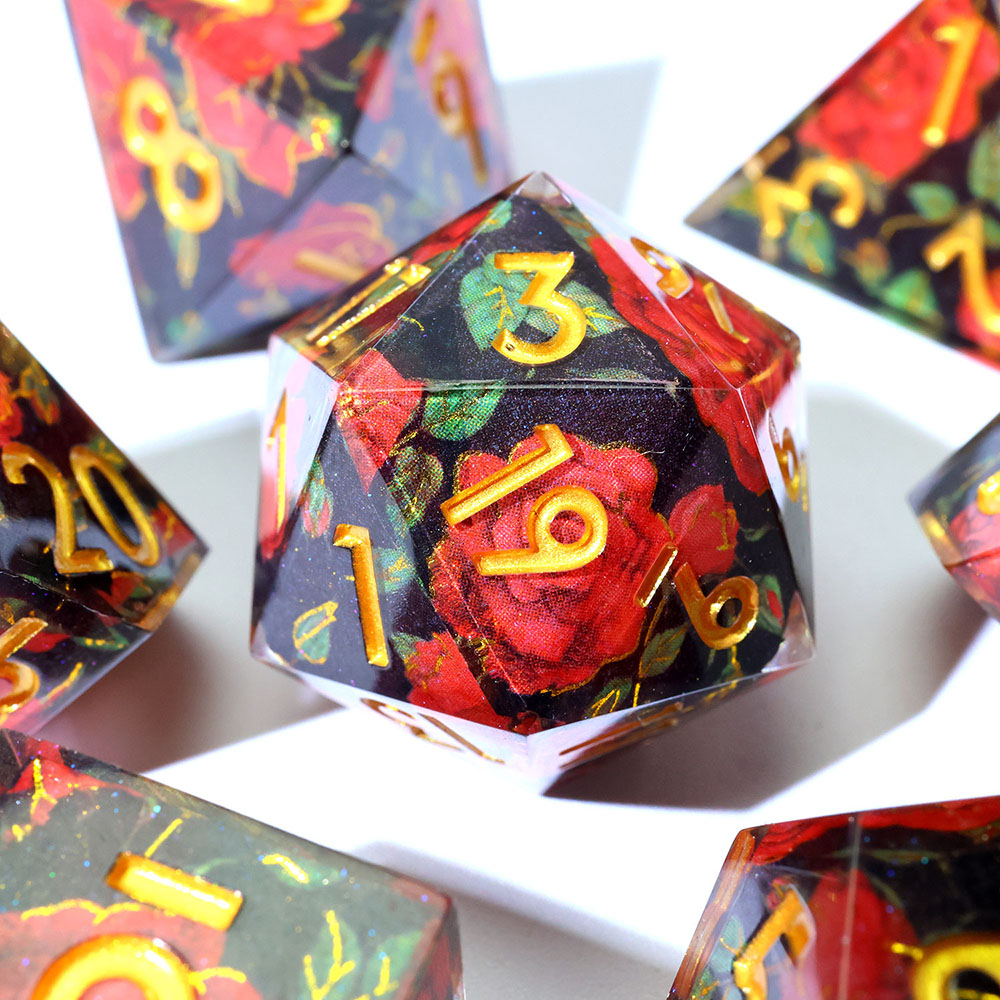 Black Base Red Rose Sharp Edge Resin Dice Set 7PCS For DND TTRPG Tabletop RPG Games