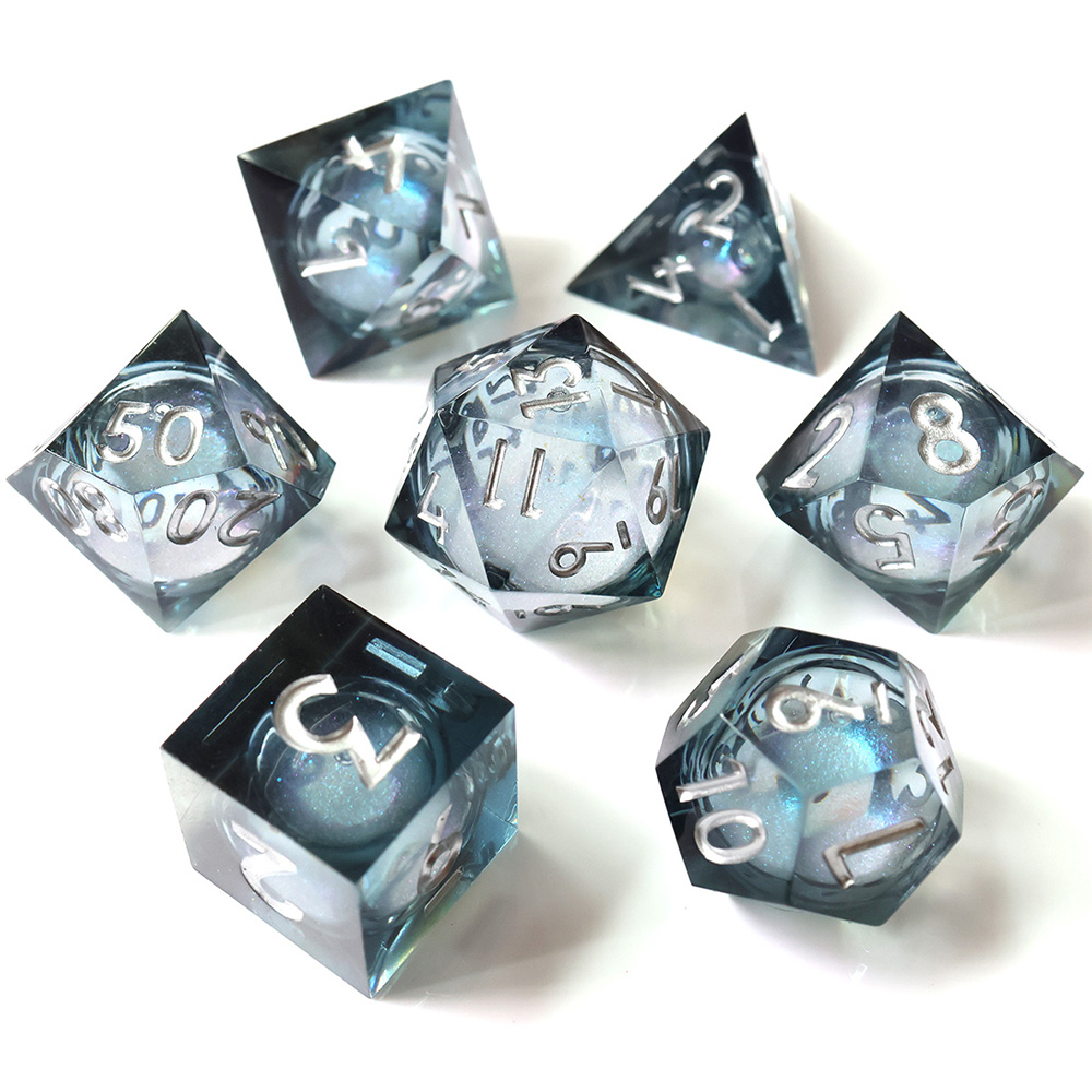 Clear Silver Liquid Core Sharp Edge Resin Dice Set, 7PCS Polyhedral Dice with Silver Iridescent Glitter & Silver Numbers for D&D TTRPG Tabletop Games