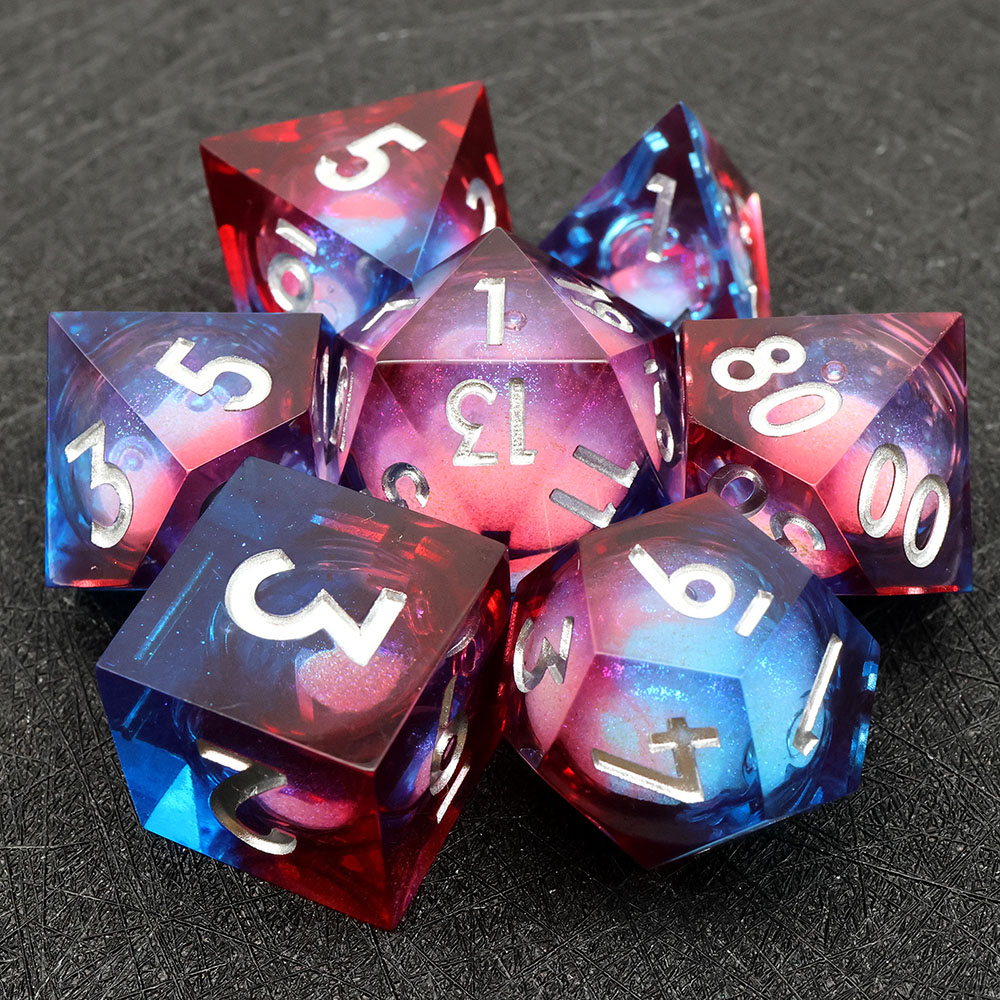 Red Blue Nebula Liquid Core Sharp Edge Resin Dice Set, 7PCS Polyhedral Dice with Silver Iridescent Glitter & Silver Numbers for D&D TTRPG Tabletop Games