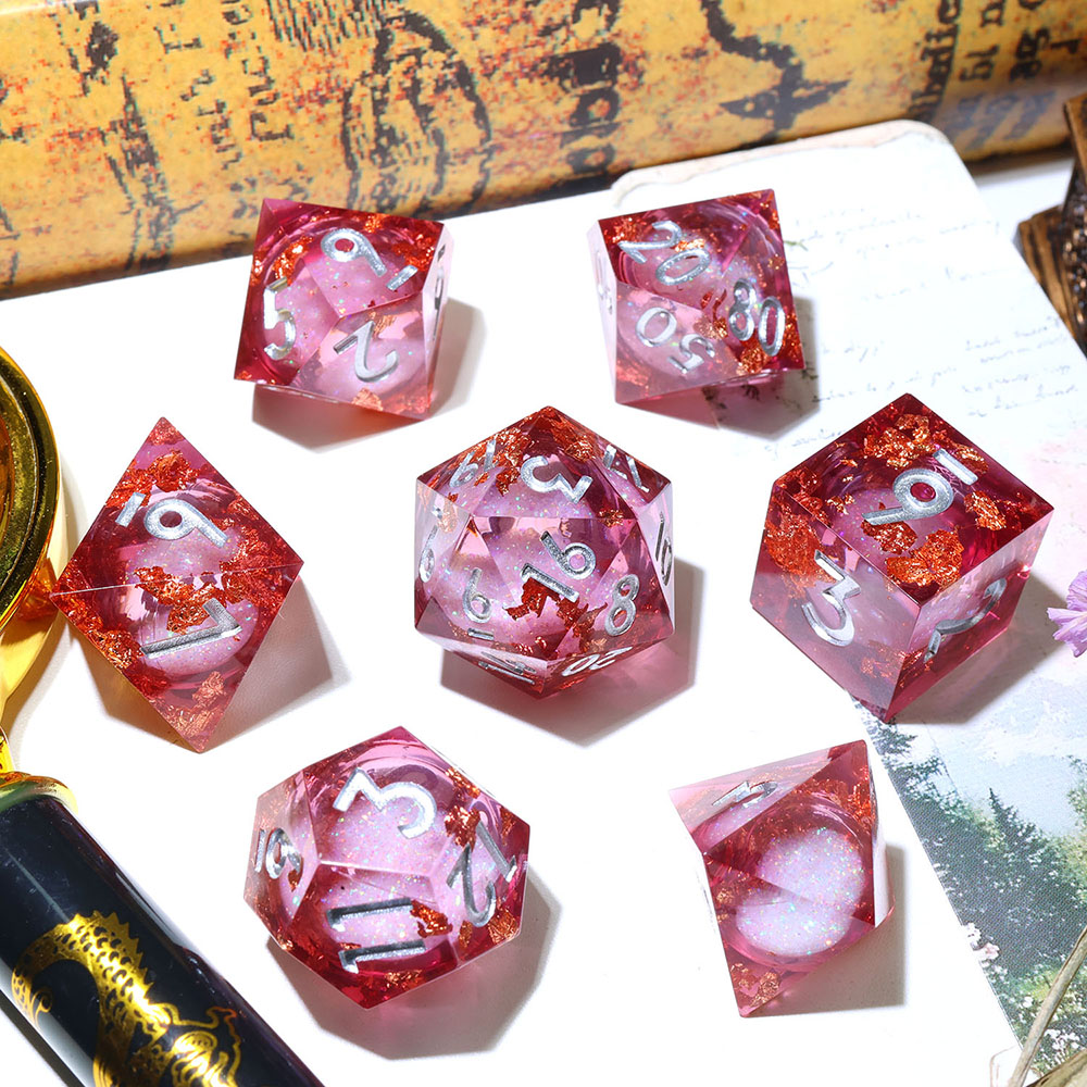 Pink Transparent Liquid Core Sharp Edge Resin Dice Set, 7PCS Polyhedral Dice with Red Gold Foil Glitter & Silver Numbers for D&D TTRPG Tabletop Games
