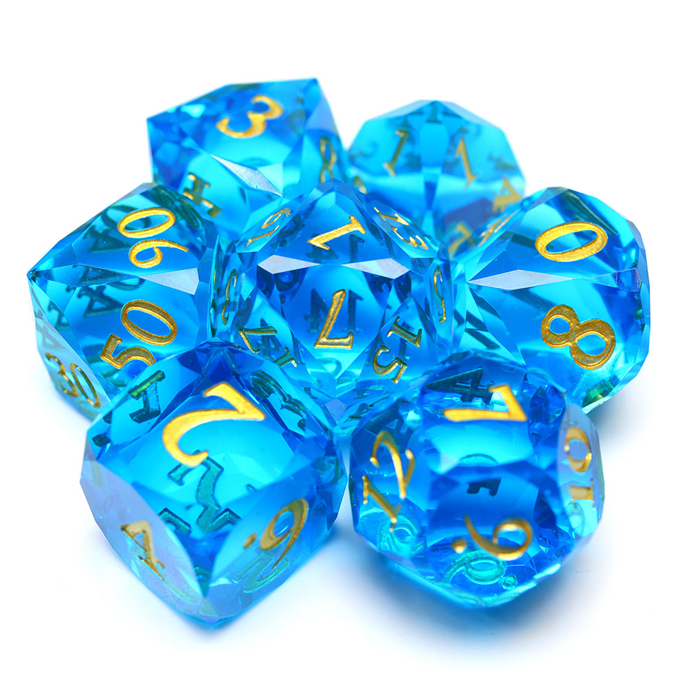 Light Blue Transparent Diamond Cut Sharp Edge Resin Dice Set, 7PCS Polyhedral Dice with Gold Numbers for D&D TTRPG Tabletop Games