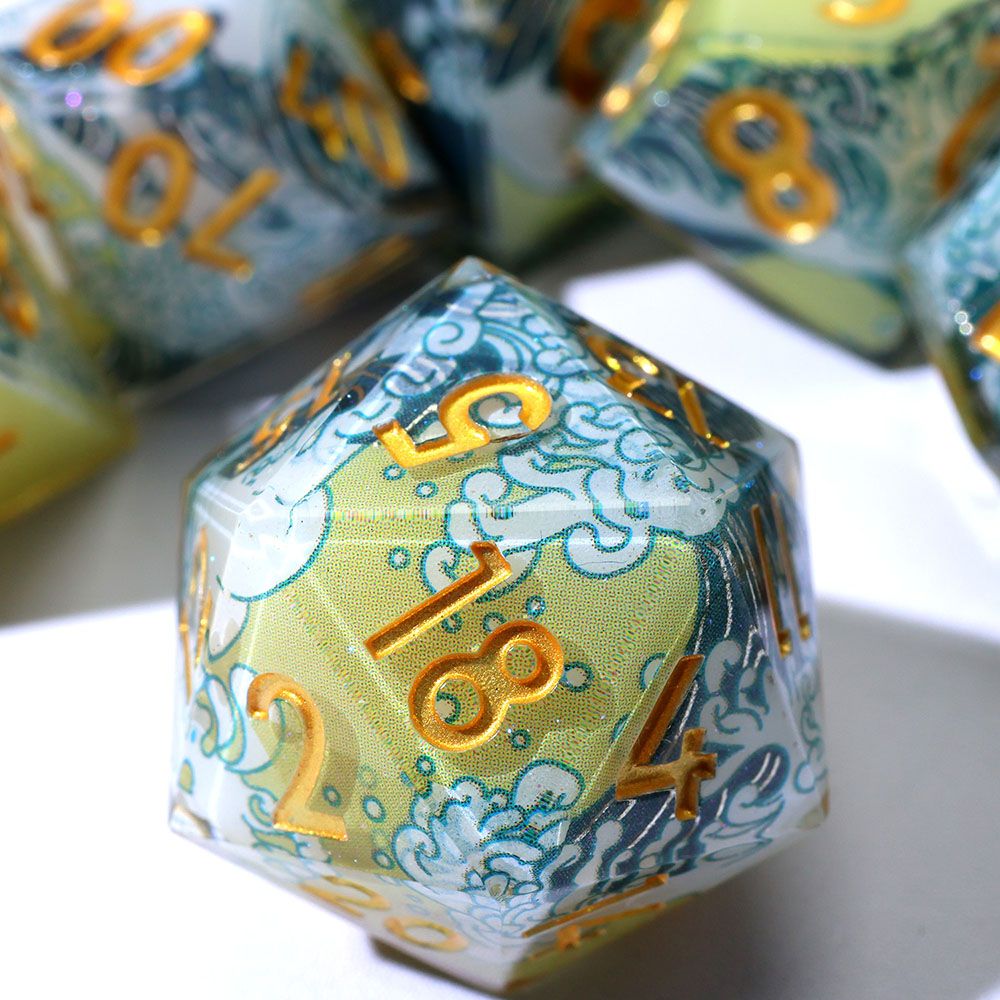Light Green Ukiyo-e Wave Sharp Edge Resin Dice Set 7PCS For DND TTRPG Tabletop RPG Games