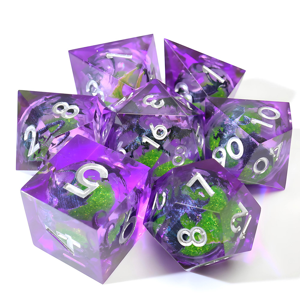 Purple Transparent Sharp Edge Resin Dice Set, 7PCS Polyhedral Dice with Black Dragon Pattern, Green Glitter Liquid Core & Silver Numbers for D&D TTRPG Tabletop Games