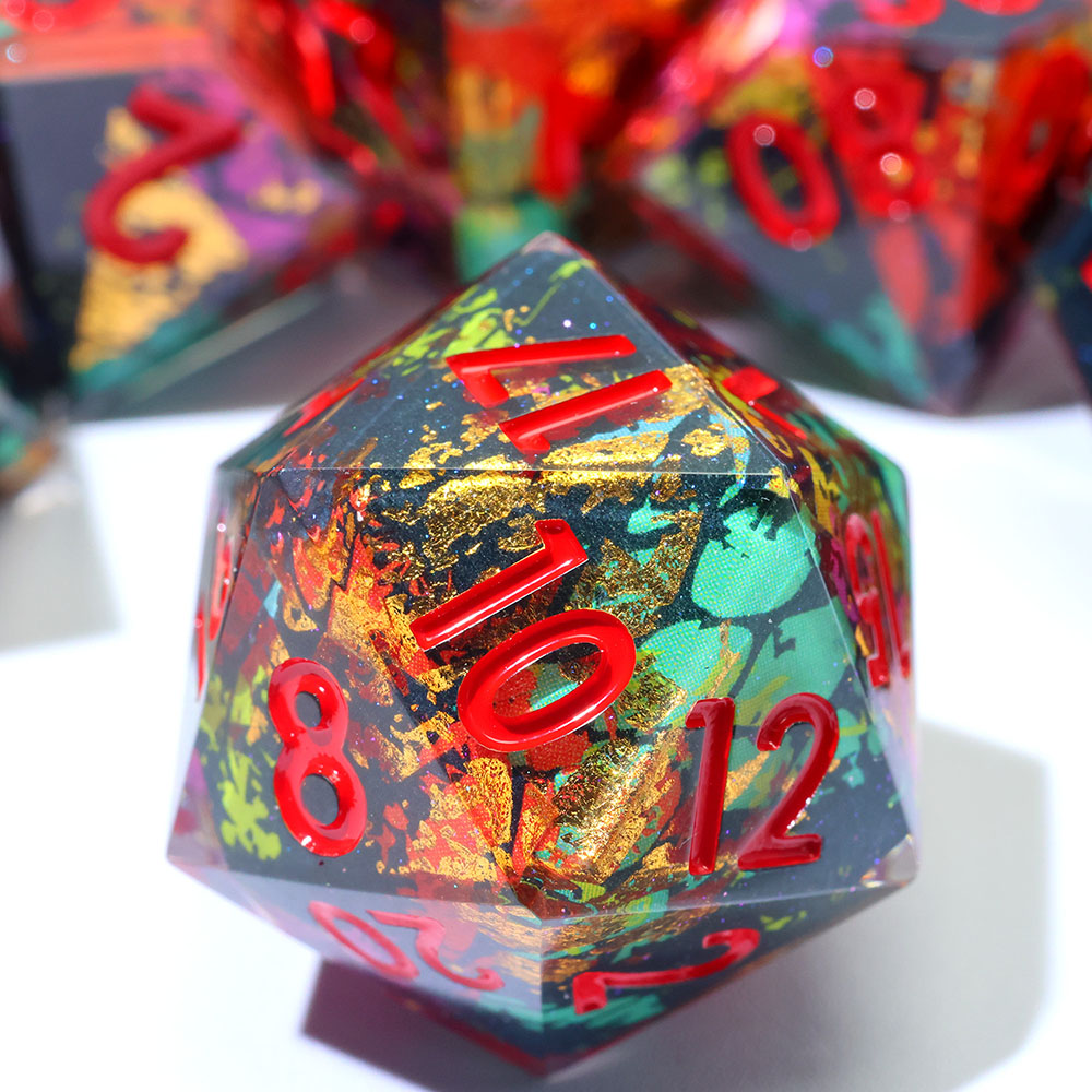 Vibrant Rainbow Graffiti Gold Foil Sharp Edge Resin Dice Set 7PCS For DND TTRPG Tabletop RPG Games