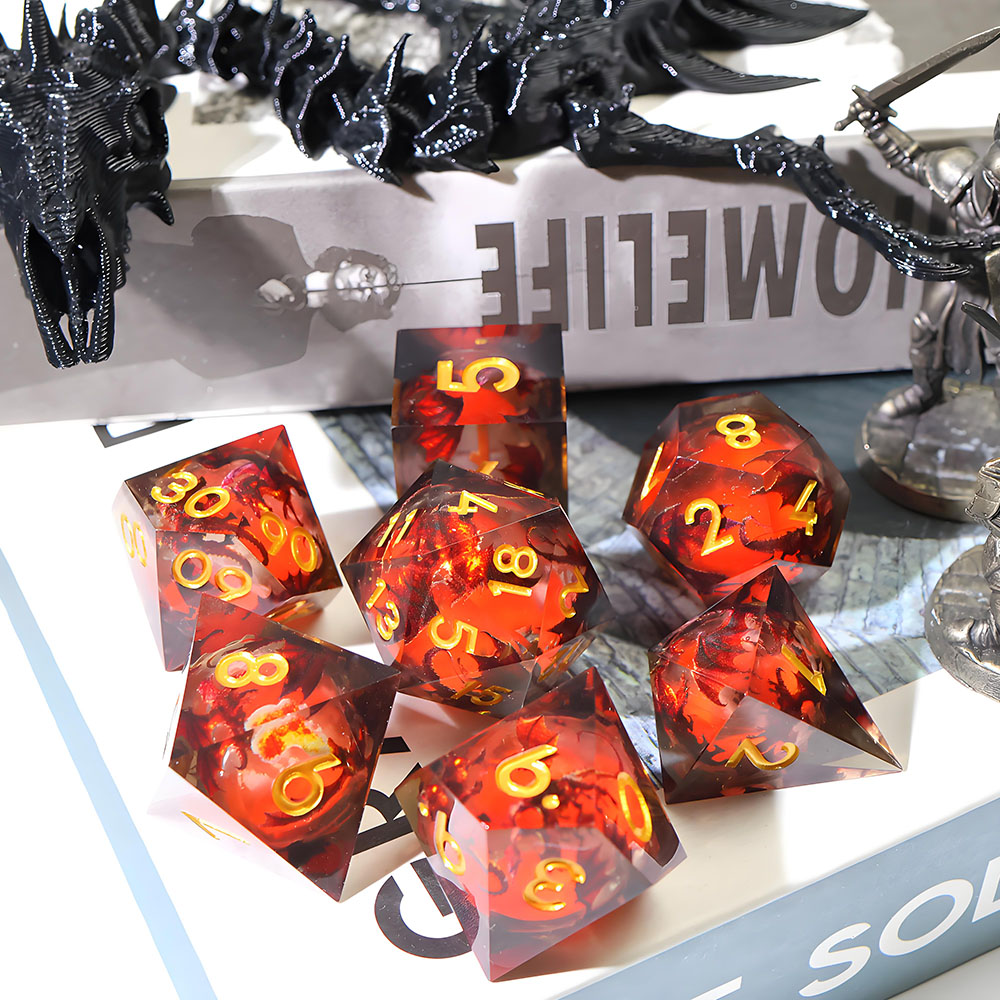 Black Dragon Sharp Edge Resin Dice Set, 7PCS Polyhedral Dice with Glowing Liquid Core, Blue Light Reactive Effect & Gold Numbers for D&D TTRPG Tabletop Games