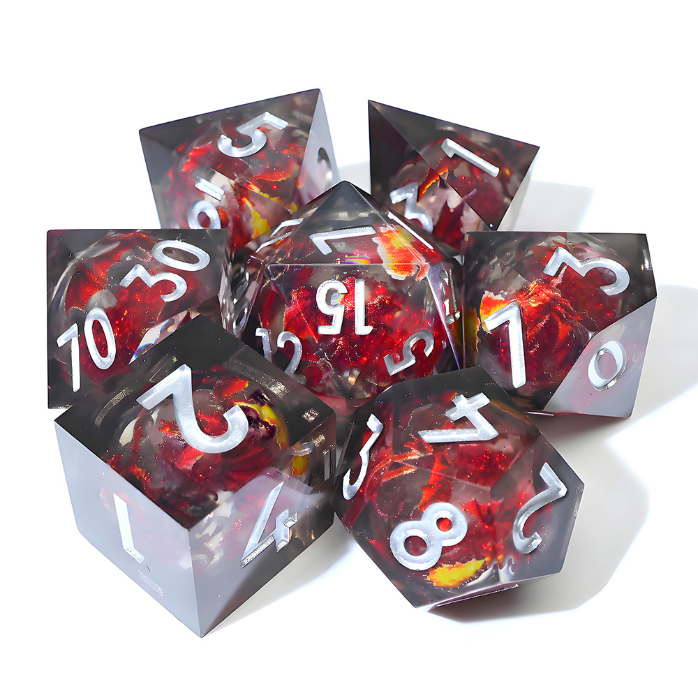 Black Fire Dragon Sharp Edge Resin Dice Set, 7PCS Polyhedral Dice with Red Glitter Liquid Core & Silver Numbers for D&D TTRPG Tabletop Games