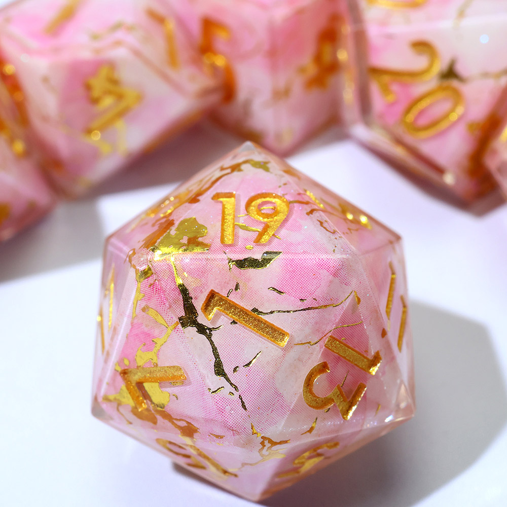 Soft Pink Marble Gold Foil Sharp Edge Resin Dice Set 7PCS For DND TTRPG Tabletop RPG Games
