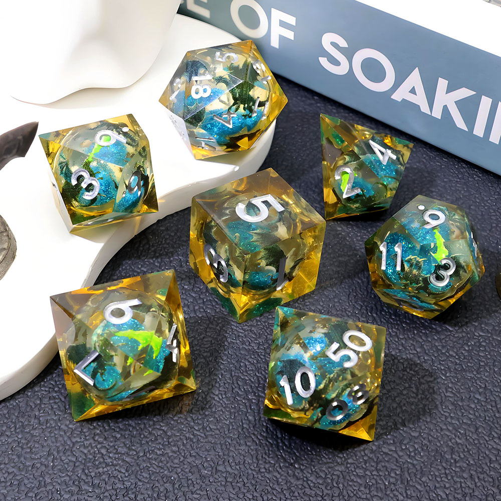 Black Dragon Green Flame Sharp Edge Resin Dice Set, 7PCS Polyhedral Dice with Blue Glitter Liquid Core & Silver Numbers for D&D TTRPG Tabletop Games