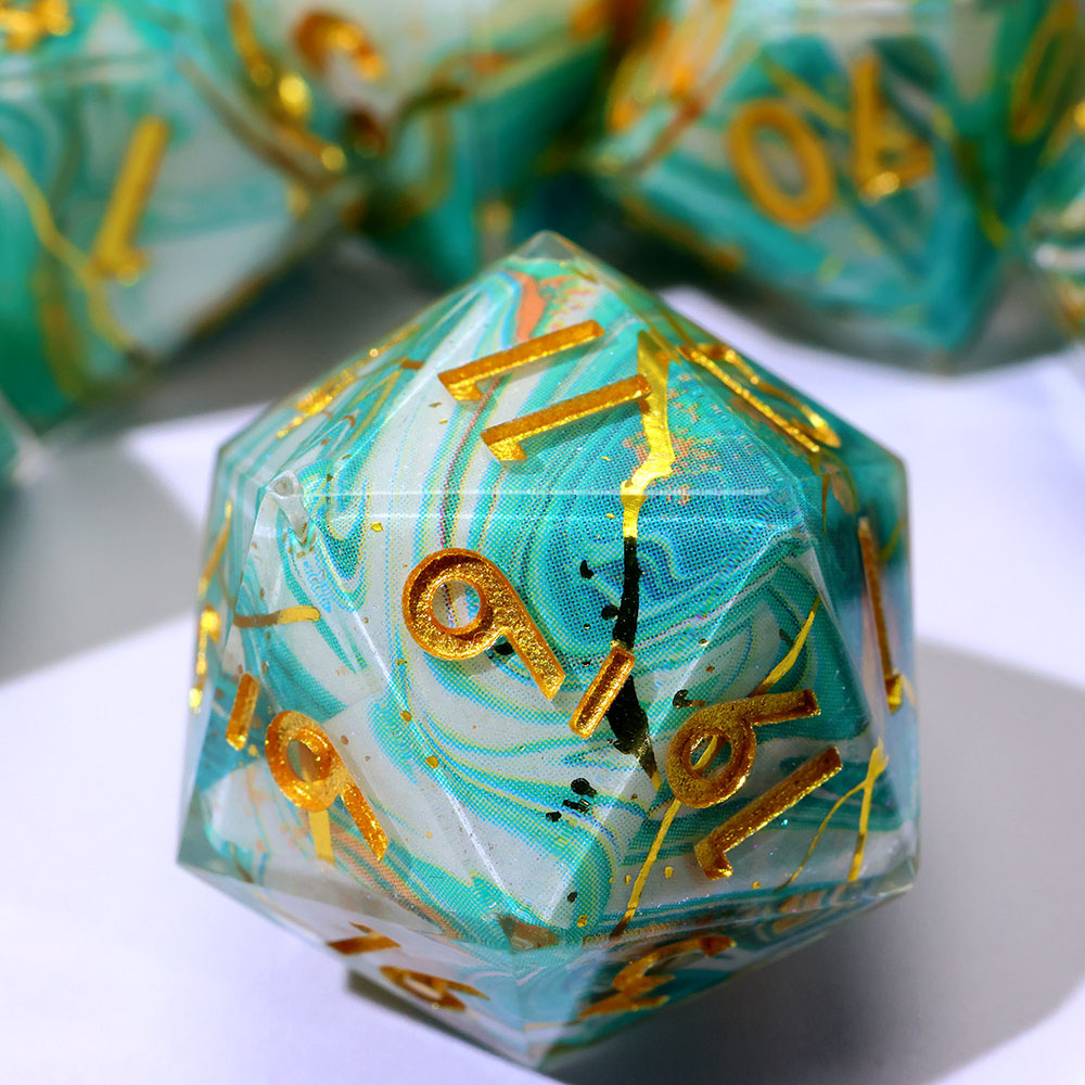 Turquoise White Swirl Gold Vein Sharp Edge Resin Dice Set 7PCS For DND TTRPG Tabletop RPG Games
