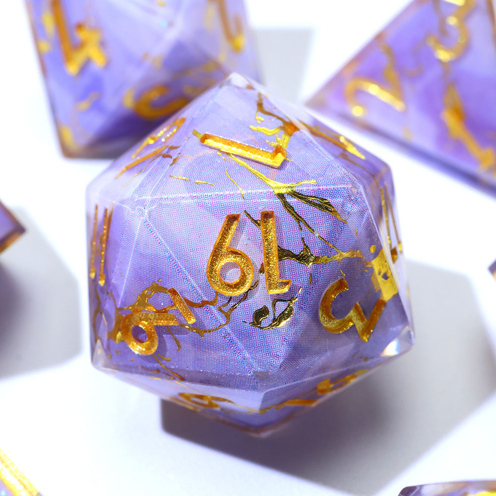 Pastel Lavender Purple Marble Gold Vein Sharp Edge Resin Dice Set 7PCS For DND TTRPG Tabletop RPG Games