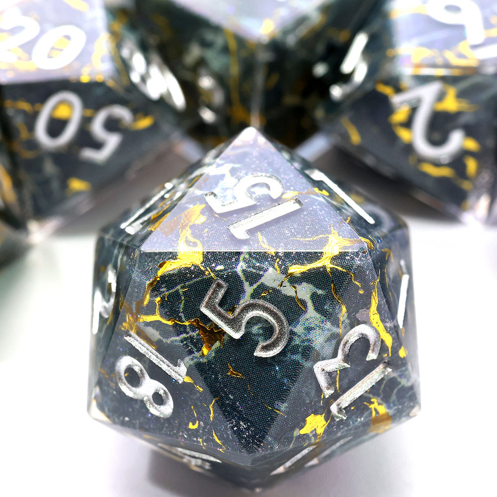 Dark Teal Black Marble Gold Vein Sharp Edge Resin Dice Set 7PCS For DND TTRPG Tabletop RPG Games