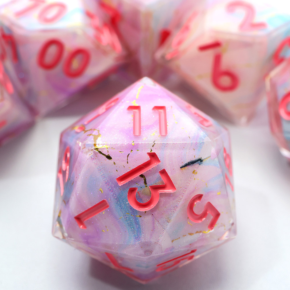 Pastel Pink Blue Swirl Gold Vein Sharp Edge Resin Dice Set 7PCS For DND TTRPG Tabletop RPG Games