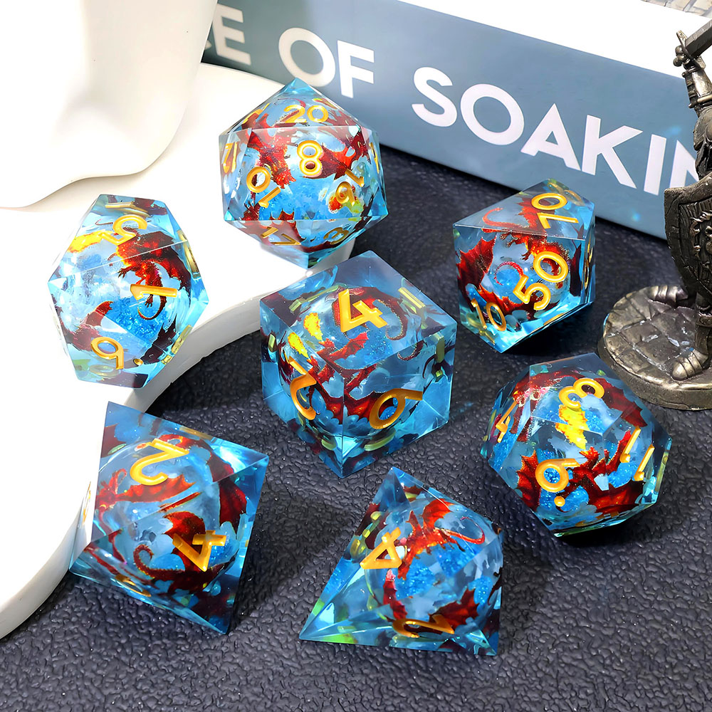 Red Fire Dragon Sharp Edge Resin Dice Set, 7PCS Polyhedral Dice with Blue Liquid Core & Gold Numbers for D&D TTRPG Tabletop Games