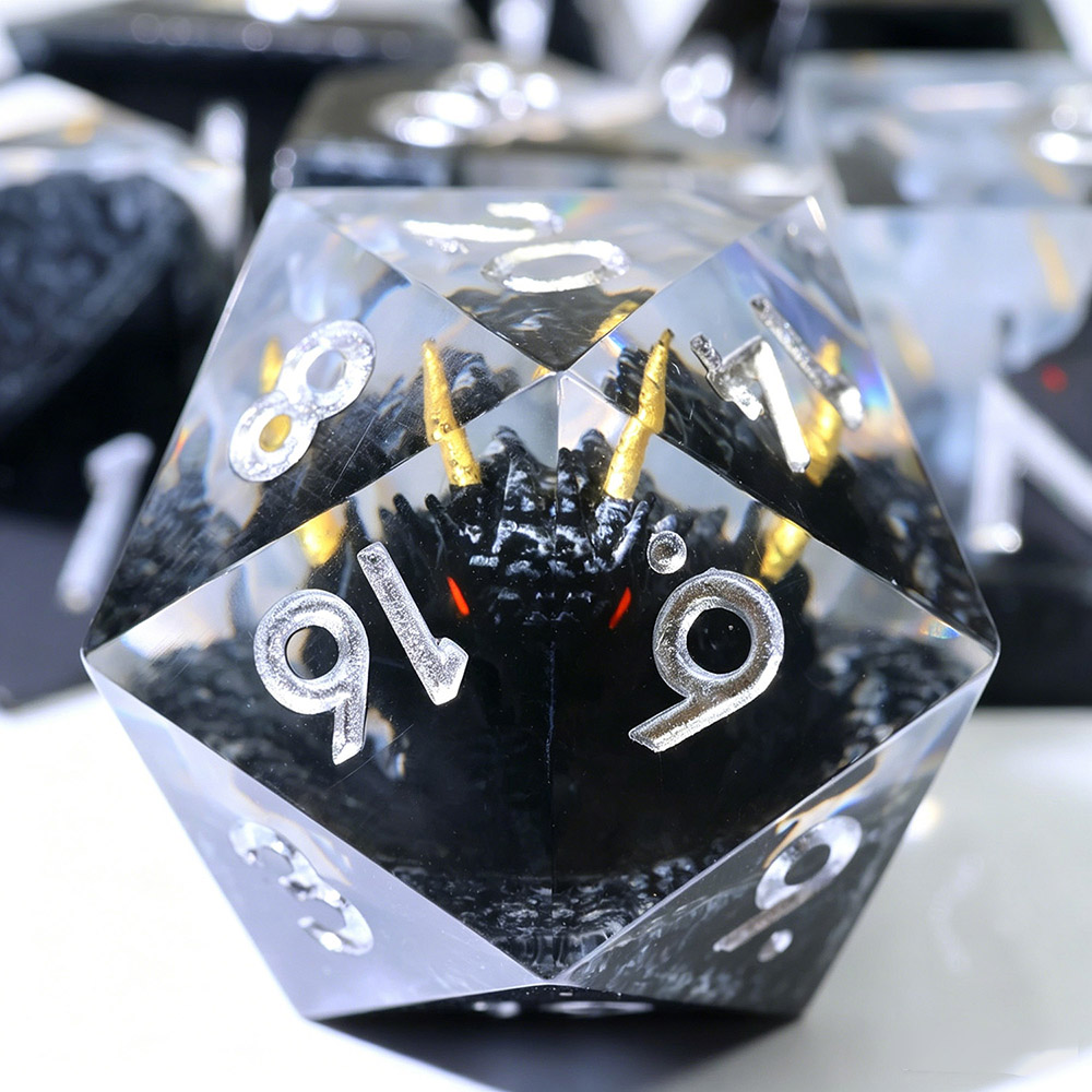 Black Smoke Mini Dragon Skull Sharp Edge Resin Dice Set 7PCS For DND TTRPG