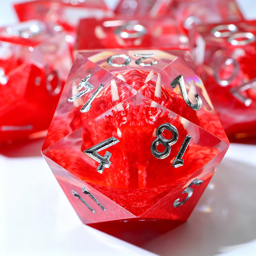 Red Blood Mist Mini Dragon Head Sharp Edge Resin Dice Set 7PCS For DND TTRPG