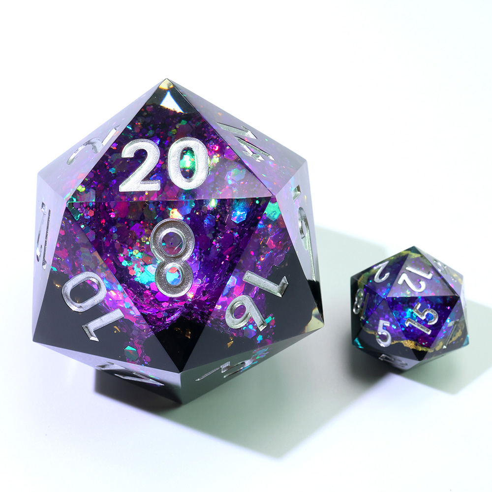 Geode Series 50mm Large Polyhedral Dice, Single D20 Dice with Purple-Blue Glitter Core, Black Resin Shell and Silver Numbers for Tabletop Games