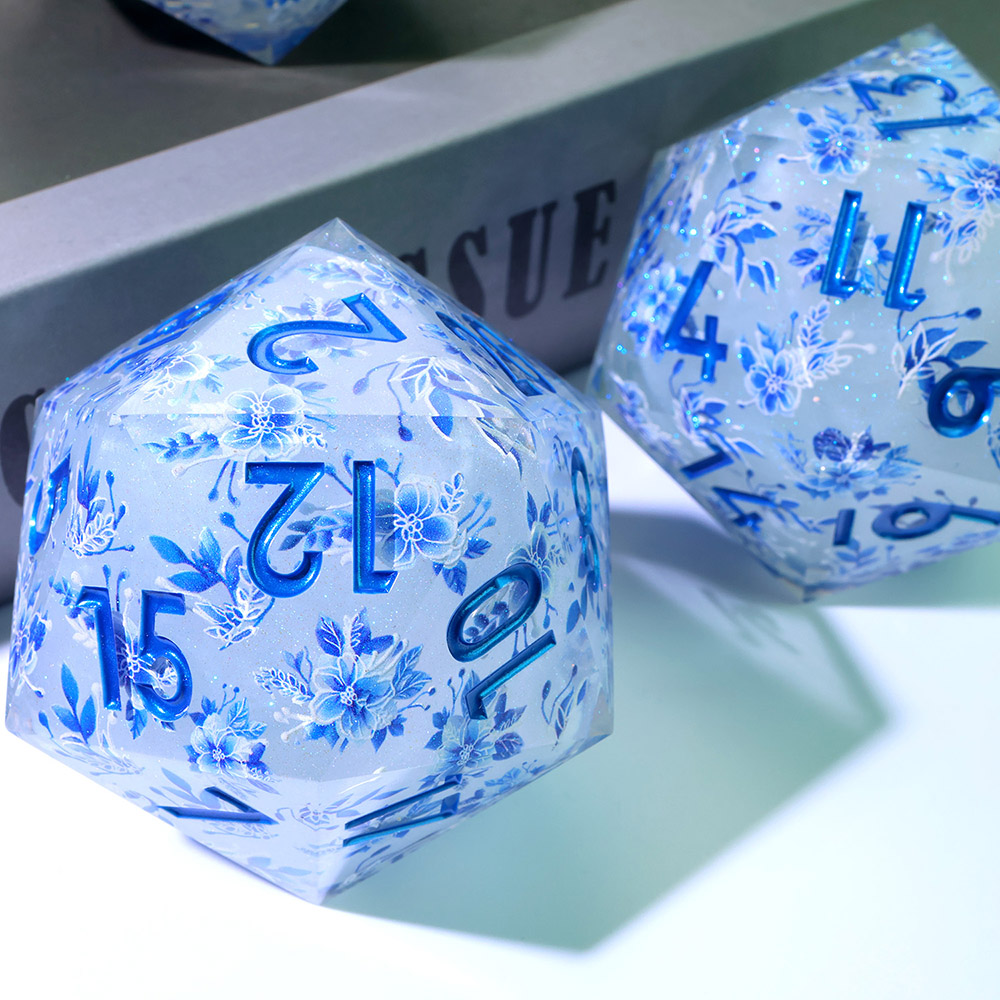 Blue and White Porcelain Floral Sharp Edge Resin Dice, Available in Standard 7pcs Set, 33mm Single D20, 50mm Single D20, Blue Engraved Numbers for TTRPG Tabletop Games & Collection Display