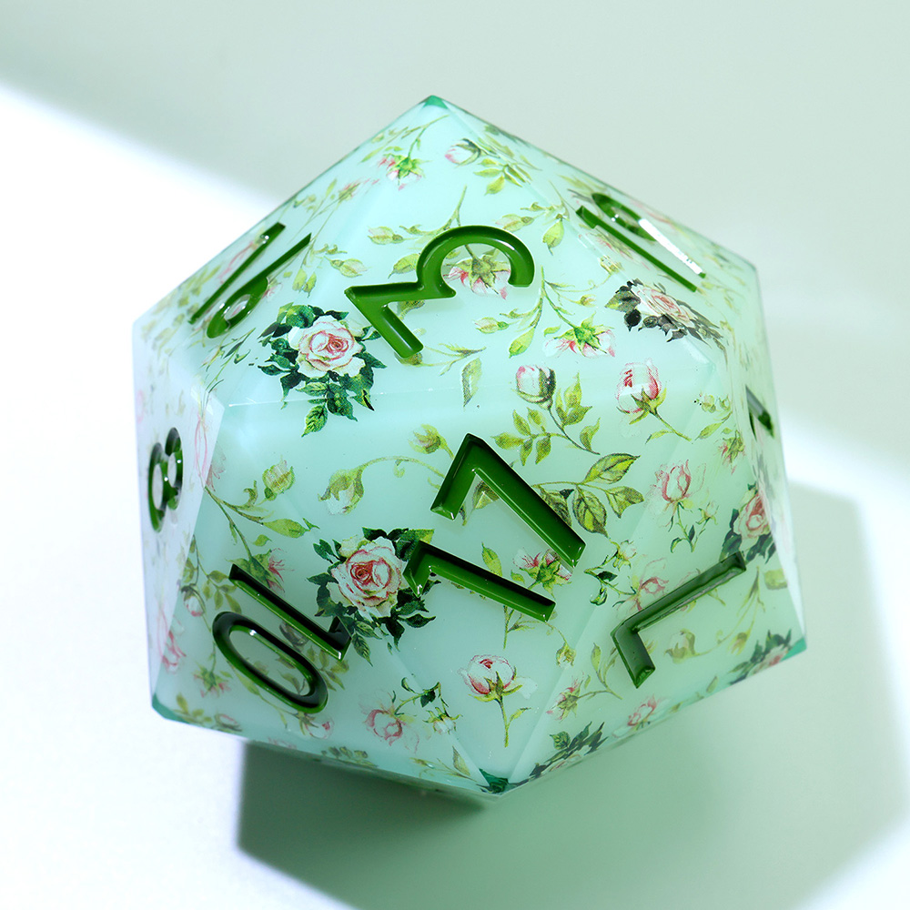 Light Green Floral Rose Sharp Edge Resin Dice, Available in Standard 7pcs Set, 33mm Single D20, 50mm Single D20, Green Engraved Numbers for TTRPG Tabletop Games & Collection Display