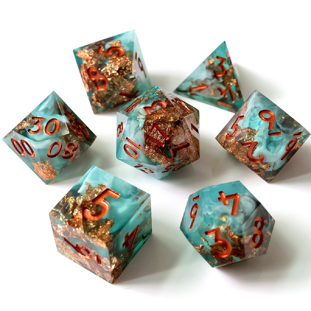 Teal Mist Resin Dice with White Smoke & Copper Foil | Artcore Layer Dice
