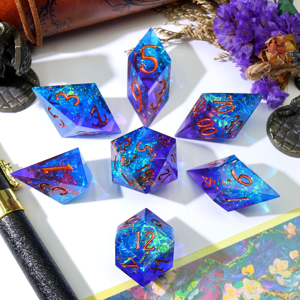 Blue Purple Crystal Sharp Edge Resin Dice Set, 7PCS Polyhedral Dice with Iridescent Flakes, Copper Foil & Metallic Copper Numbers for D&D TTRPG Tabletop Games