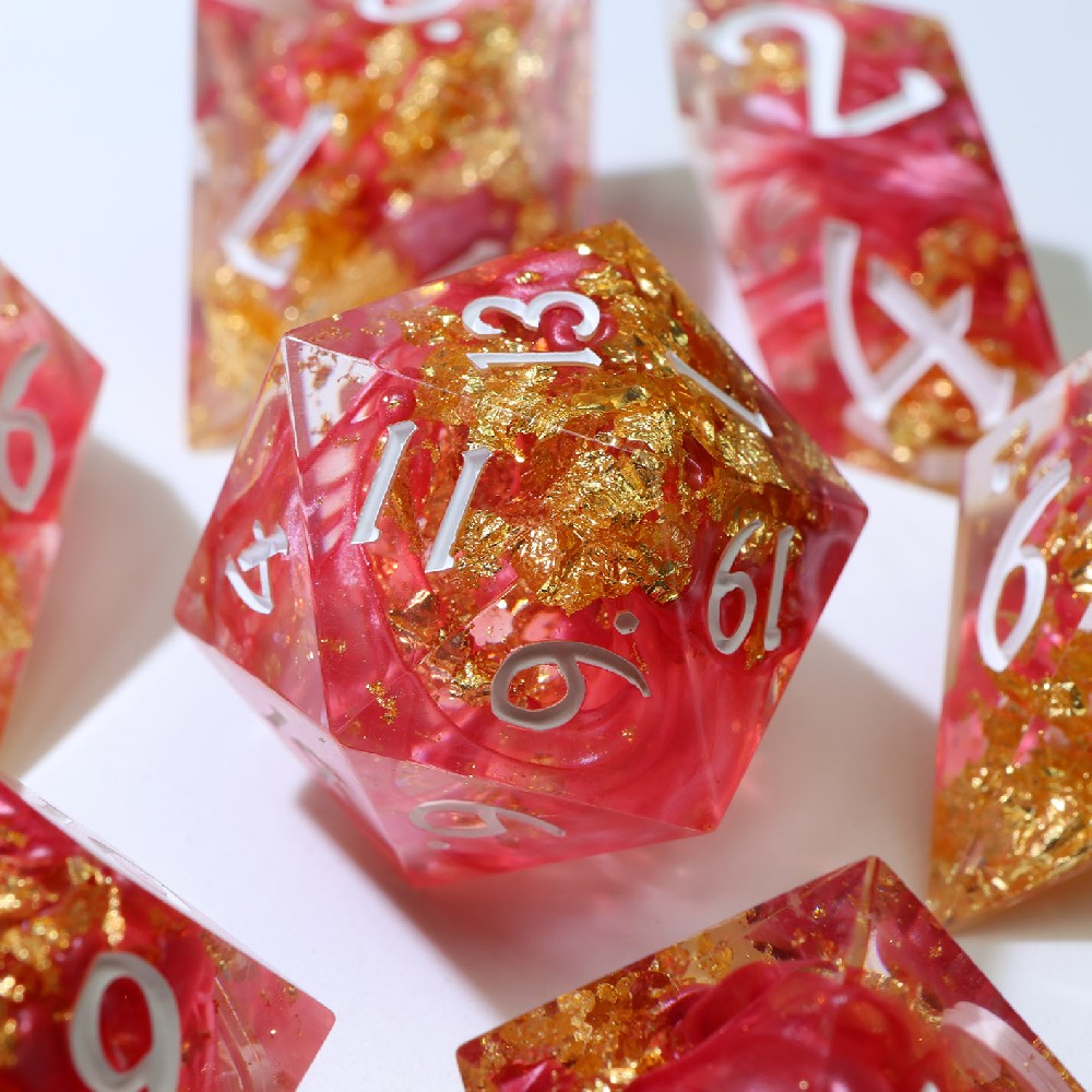 Pink Red Crystal Sharp Edge Resin Dice Set, 7PCS Polyhedral Dice with Gold Foil & White Font for D&D TTRPG Tabletop Games